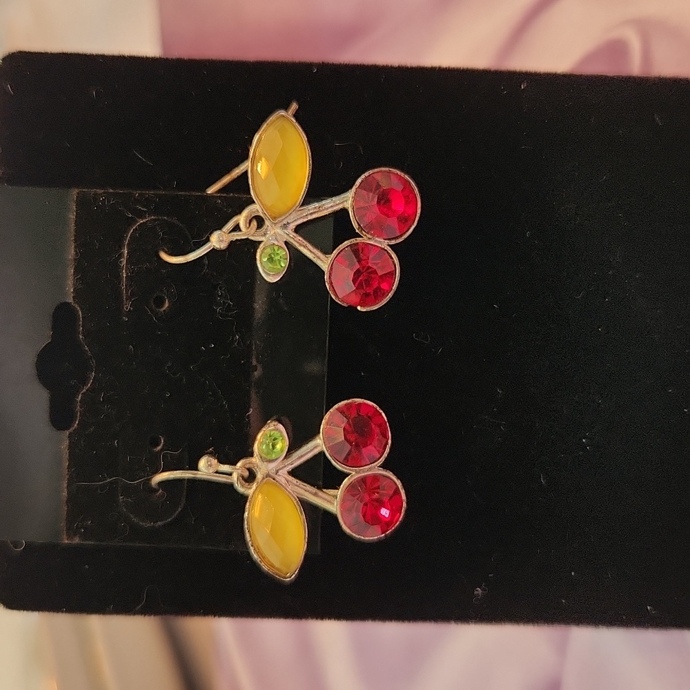 Cherry earrings on french wires colorful faceted stones 1"
